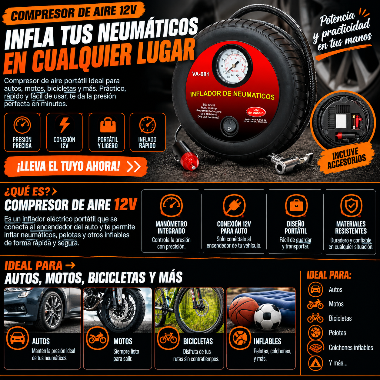 Compresor de Aire Portátil 12V – Infla Tus Neumáticos Donde Quieras