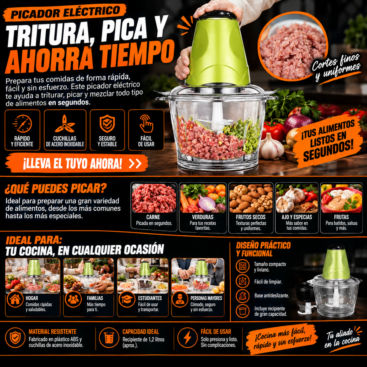 Picador Eléctrico Multifuncional – Tritura, Pica y Ahorra Tiempo en la Cocina