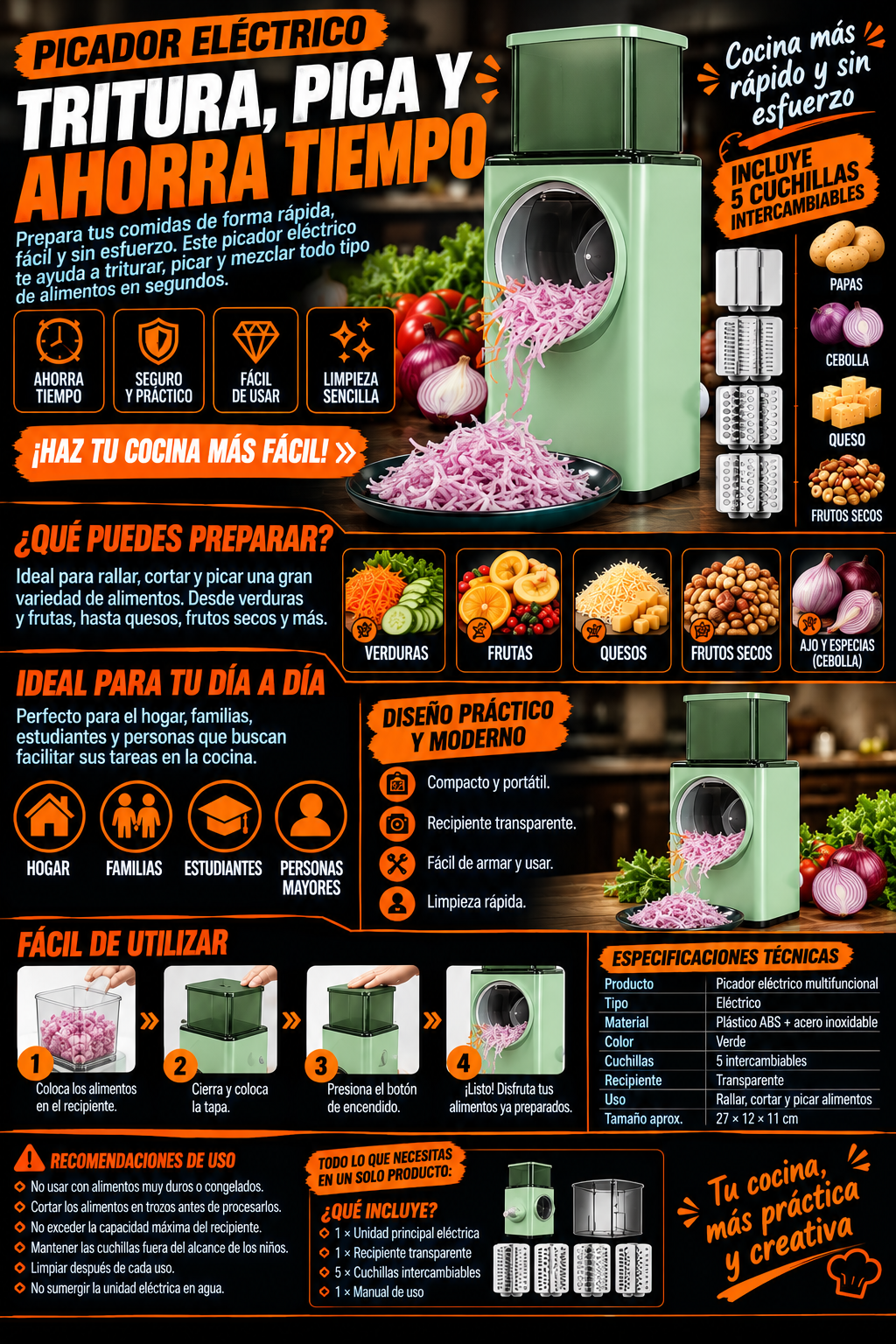 Rallador Multifuncional Manual – Corta, Ralla y Rebana Fácilmente